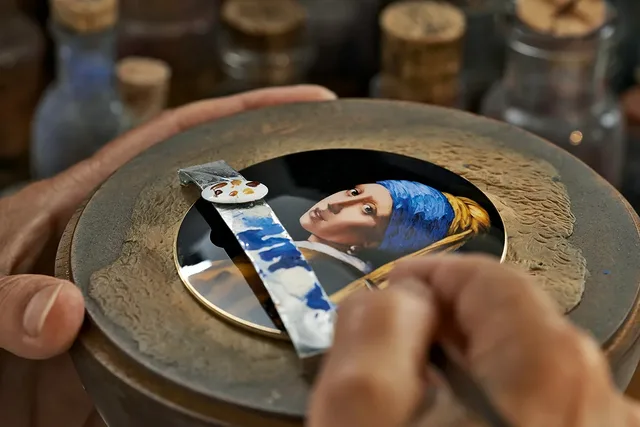 The officer-type caseback cover features a miniature enamel painting, finely crafted using the Geneva technique and reproducing the Girl with a Pearl Earring from Dutch painter Johannes Vermeer.