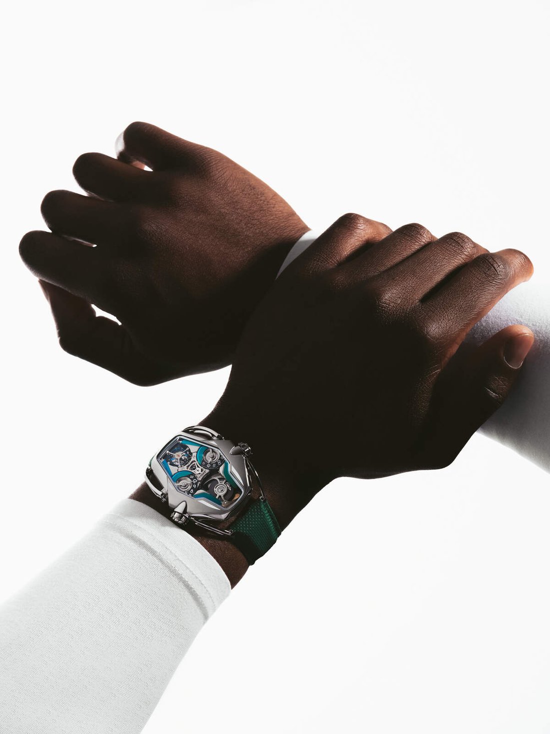 MB&F HM12 The Guardian, green, on the wrist