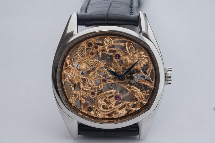 Andreas Strehler Faune et Flore Jardin des Papillons: elle gravurlu 18 ayar altin kopru kadran