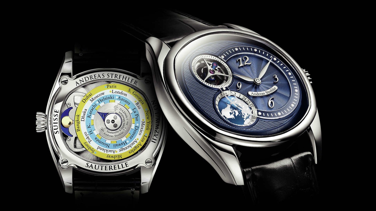 Andreas Strehler Sauterelle a Heure Mondiale: on kadran ve donen dunya-saati tarafi