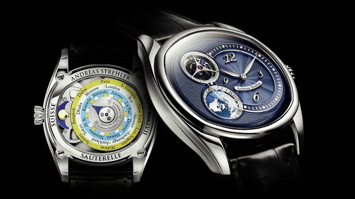 Andreas Strehler Sauterelle a Heure Mondiale: on kadran ve donen dunya-saati tarafi